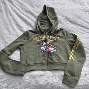Ed Hardy Olive Green Hoodie, cropped, XL NWOT